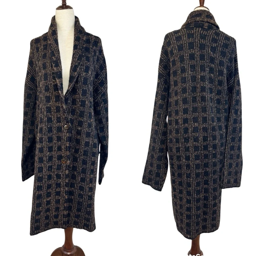 SALTWATER LUXE Long‎ Cardigan Sweater Jacket Coat Large Black Brown Wool Alpaca